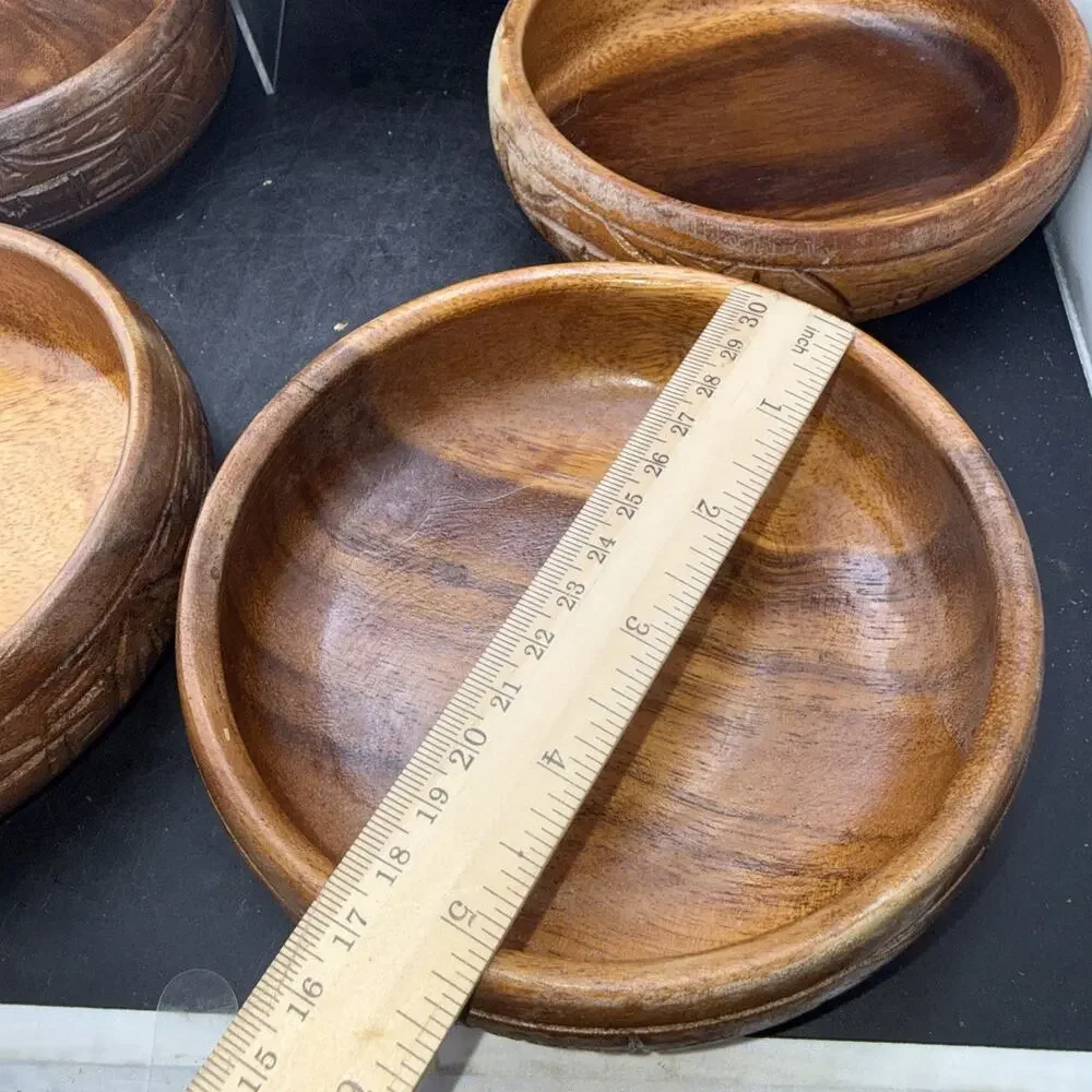 Set of 5 Hand Carved Monkey Pod Wood Bowls Asian Landscape Serving Bowls